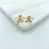 18K Gold Layered Bow Design Push Back Kids Earrings with Clear Cubic Zirconia Drop 21.0211/1