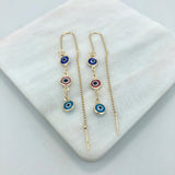 18K Gold Layered Assorted Color Three Greek Eyes Long Threader Earrings 21.0226/17