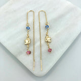 18K Gold Layered Assorted Color Rhinestone Long Threader Earrings with Elephant Design 21.0235/17