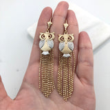 18K Gold Layered Two Tones Owl Design Bead Link Tassel Earrings 21.0334