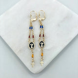 18K Gold Layered Multicolor Rhinestone Dangle Earrings With Black Enamel Baby Jesus Design & Cross Drop 21.0383/17