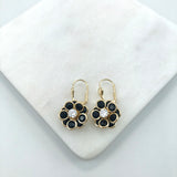 18K Gold Layered Black Rhinestone Flower Design Dangle Leverback Earrings 21.0410/2