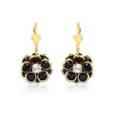 18K Gold Layered Black Rhinestone Flower Design Dangle Leverback Earrings 21.0410/2