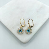 18K Gold Layered Blue Greek Eye in Clear CZ Circle Lever Back Earrings 21.0431/6