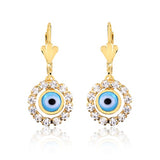 18K Gold Layered Blue Greek Eye in Clear CZ Circle Lever Back Earrings 21.0431/6