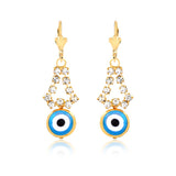 18K Gold Layered Clear CZ W Blue Greek Eye Dangle Leverback Earrings 21.0452/6