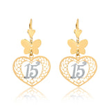 18K Gold Layered Butterfly Design W Two Tone Cut Out Heart 15th Earrings 21.0463