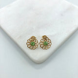 18K Gold Filled Oro Laminado Green Rhinestone in Cut Out Flower Design Push Back Earrings 21.0569/8