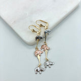 18K Gold Layered Tri-Tone Elephants Dangle Lever Back Earrings 21.0585