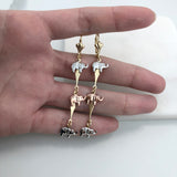 18K Gold Layered Tri-Tone Elephants Dangle Lever Back Earrings 21.0585