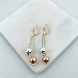 18K Gold Layered Tri-Tone Stud Ball Drop In Dangle Earrings 21.0588