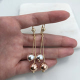 18K Gold Layered Tri-Tone Stud Ball Drop In Dangle Earrings 21.0588