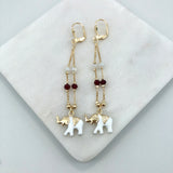 18K Gold Layered White & Red Rhinestone with White Enamel Elephant In TearDrop Dangle Earrings 21.0597/17