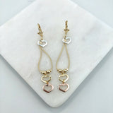 18K Gold Layered Snake Chain Link Dangle Earrings with Tri-Tone Hearts 21.0624