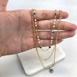 18k Gold Layered Pearls & Evil Eyes Charms 03 Layers Necklace 71.1083/6-15