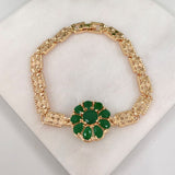 18K Gold Layered Green Cubic Zirconia Flower Design Gold Linked Bracelet 73.0099-7.5