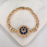 18K Gold Layered Blue Cubic Zirconia Flower Design Gold Linked Bracelet 73.0116-7.5