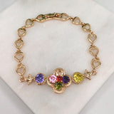 18K Gold Layered Multicolor Cubic Zirconia Flower Design Gold Hearts Linked Bracelet 73.0136-7.5