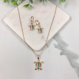 18k Gold Layered Micro Cubic Zirconia Cutout Design Turtle Box Chain Necklace & Leverback Earrings Set 93.0269