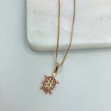 18k Gold Layered Pink Micro CZ Cutout Turtle Necklace & Earrings Set 93.0178