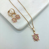 18k Gold Layered Pink Micro CZ Cutout Turtle Necklace & Earrings Set 93.0178